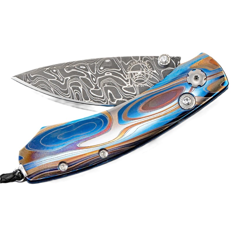William Henry Laser engraved pocketknife with hand-forged damascus blade